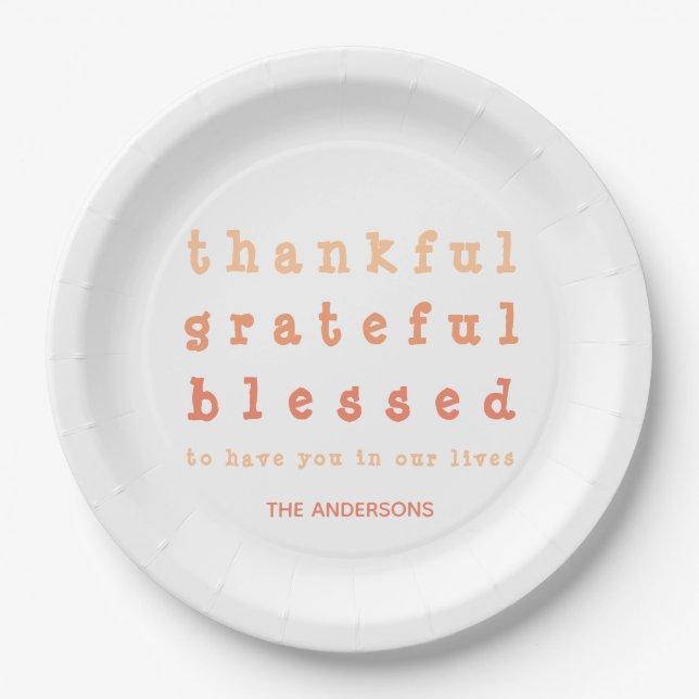 Orange Ombre Thankful Blessed Thanksgiving Dinner Paper Plates (Front)