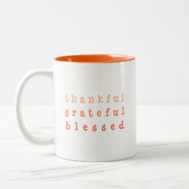 Orange Ombre Thankful Grateful Blessed Two-Tone Coffee Mug (Left)