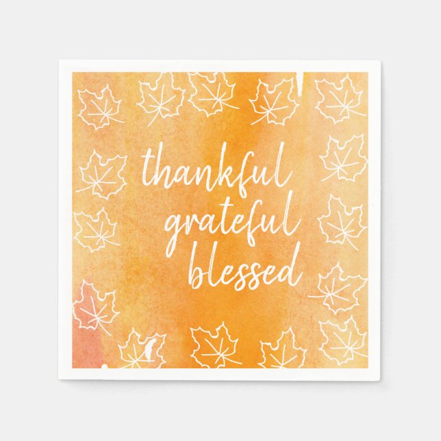 Orange Ombre Watercolor Blessed Thanksgiving Napkins (Front)