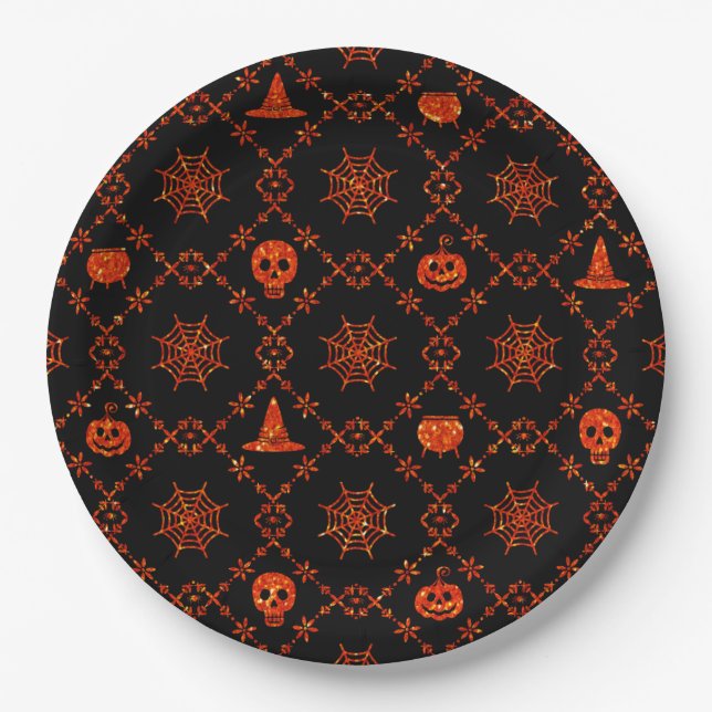 Orange on Black Halloween Pattern Paper Plates (Front)