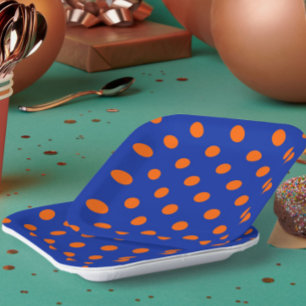 Orange On Blue Polka Dots Pattern Design Paper Plates