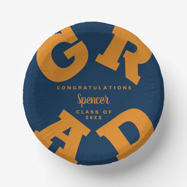 Orange on Navy Blue Graduation Personalized Paper Bowls (Front)