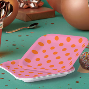 Orange On Pink Polka Dots Pattern Design Paper Plates