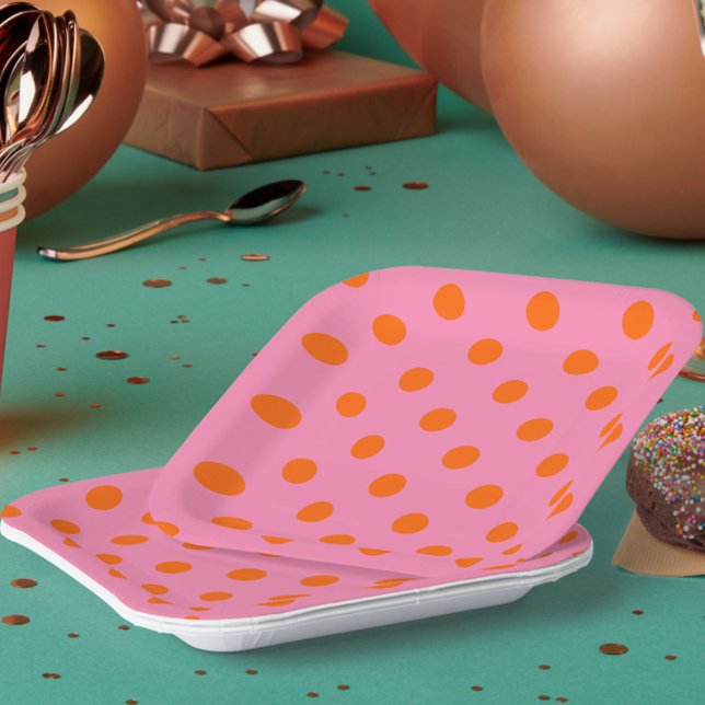 Orange On Pink Polka Dots Pattern Design Paper Plates (Creator Uploaded)