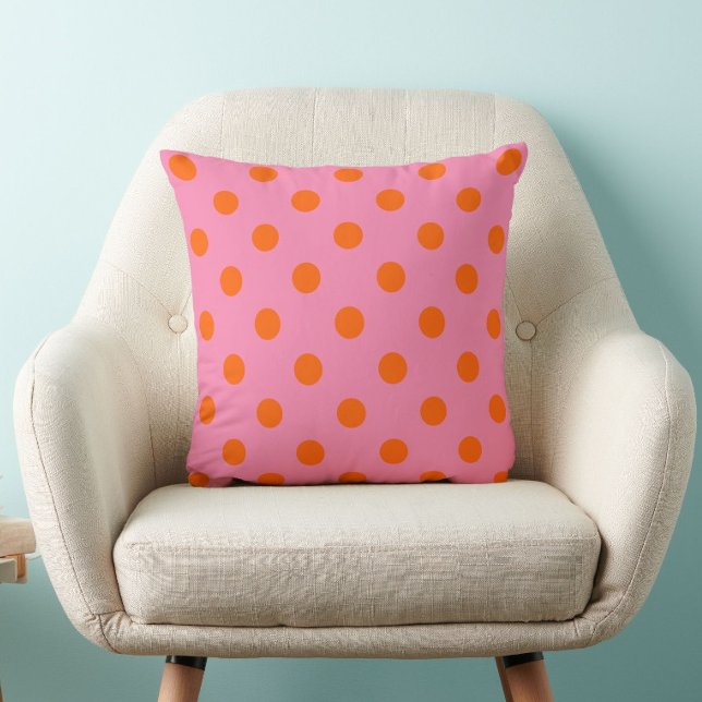 Orange On Pink Polka Dots Pattern Design Throw Pillow (Creator Uploaded)