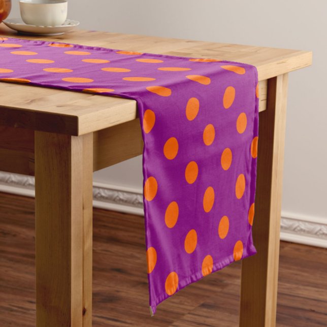 Orange On Purple Polka Dots Pattern Design Short Table Runner (Creator Uploaded)