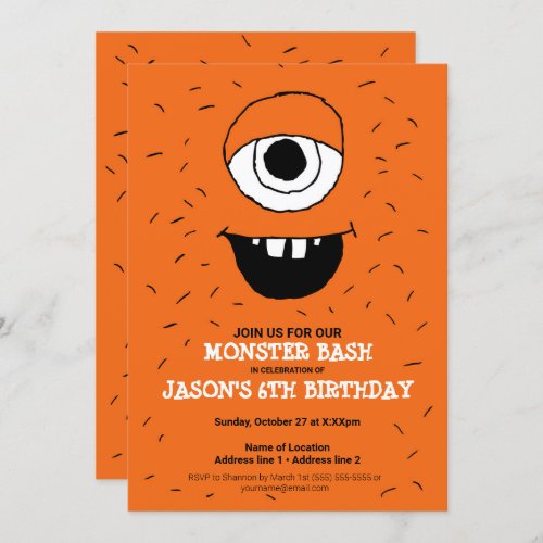 Orange One_eyed Monster Bday Party  Monster Theme Invitation