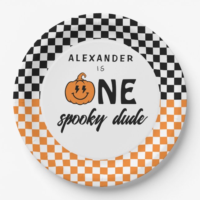 Orange One Spooky Dude Halloween 1st Birthday Paper Plates (Front)