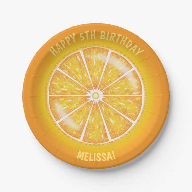 Orange Or Mandarin Citrus Fruit With Text Birthday Paper Plates (Front)