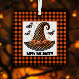 Orange & Orange Gingham Halloween Witch Hat & Bats Metal Ornament