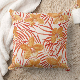 orange orchid floral pattern throw pillow
