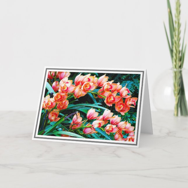 Orange Orchid Flowers Against Green Foliage Card (Front)