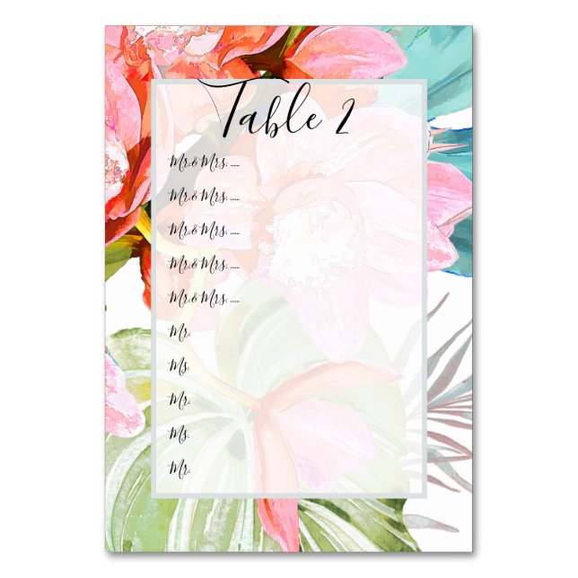 Orange Orchid+Palm Table No. pin to board Number (Front)
