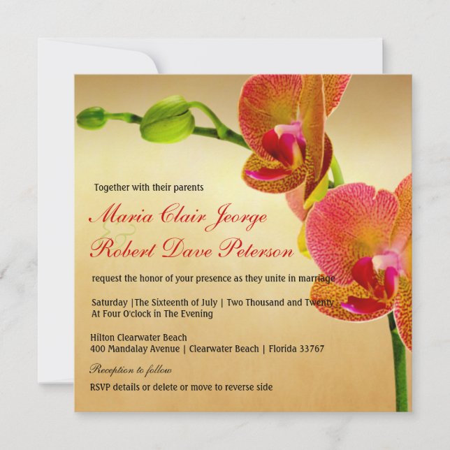 Orange Orchids Tropical Beach Destination Wedding Invitation (Front)