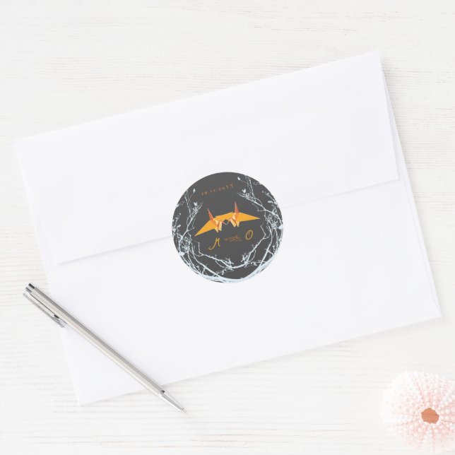 Orange Origami Paper Cranes Branches Asian Wedding Classic Round Sticker (Envelope)