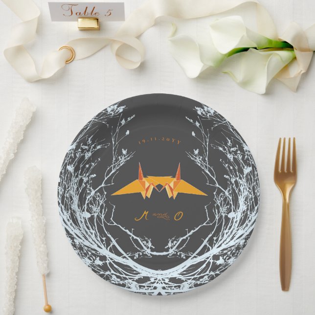 Orange Origami Paper Cranes Branches Asian Wedding Plates (Wedding)