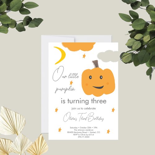 Orange Our Little Pumpkin 3rd Birthday Moon Stars  Invitation