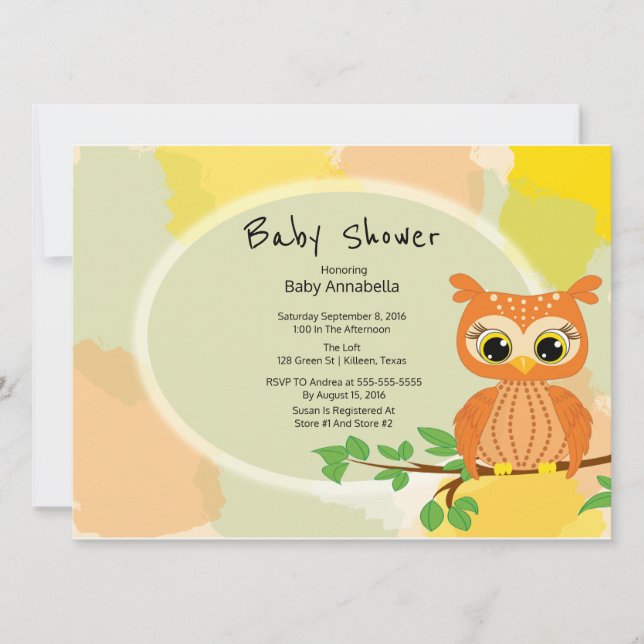 Orange Owl Baby Shower Invitation (Front)