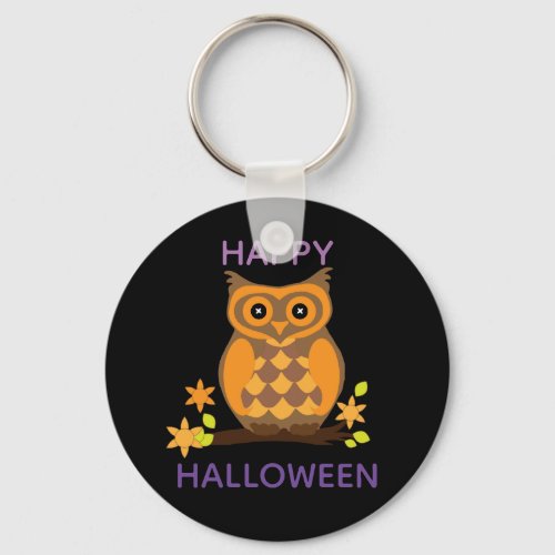 Orange Owl Black Background Happy Halloween Keychain