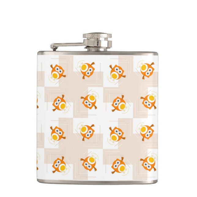 Orange Owl Illustration Pattern Flask (Front)