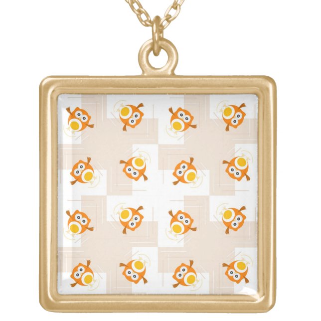 Orange Owl Illustration Pattern Gold Plated Necklace (Front)