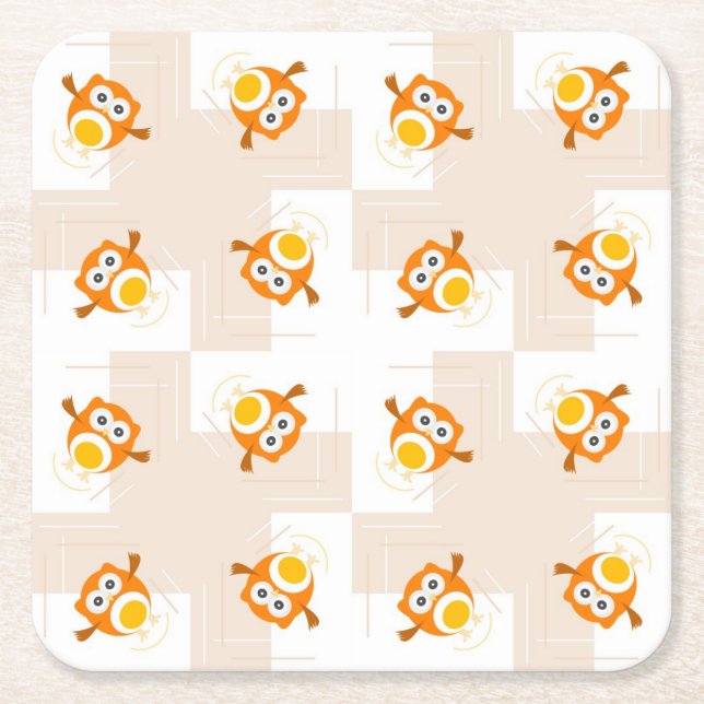 Orange Owl Illustration Pattern Square Paper Coaster (Front)