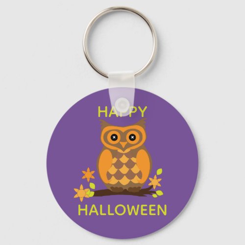 Orange Owl Purple Background Happy Halloween Keychain