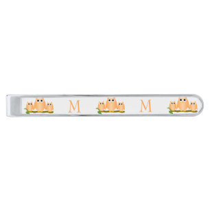 Orange Owls Design Monogrammed Silver Finish Tie Bar
