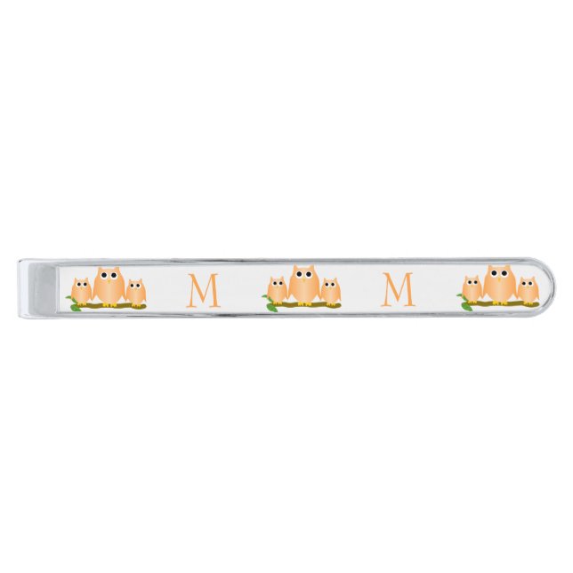 Orange Owls Design Monogrammed Silver Finish Tie Bar (Front)