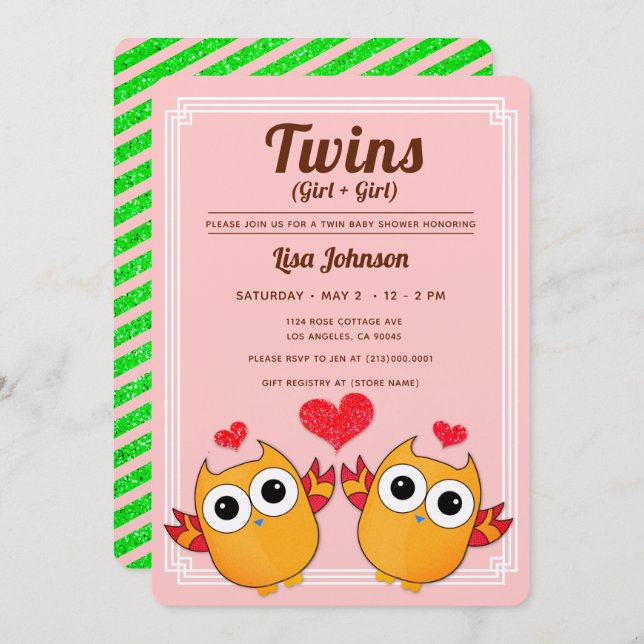 Orange Owls Twin Girls Red Stripes Baby Shower Invitation (Front/Back)