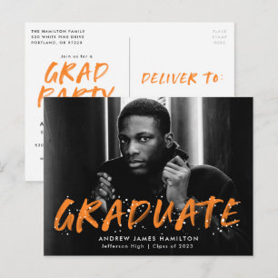 Orange Paint Splatter Photo Graduation Party Invitation Postcard