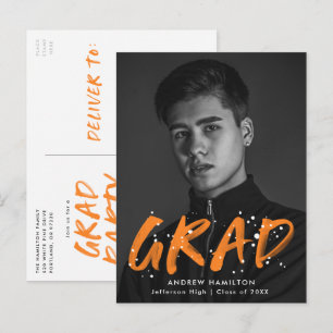 Orange Paint Splatter Photo Graduation Party Invitation Postcard