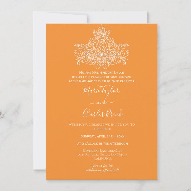 Orange Paisley Indian Wedding Invitation (Front)
