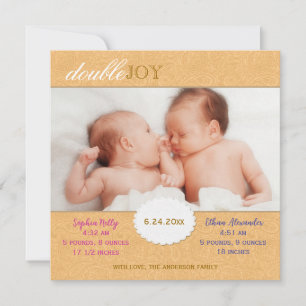 Orange Paisley Twins Photo Birth Announcement