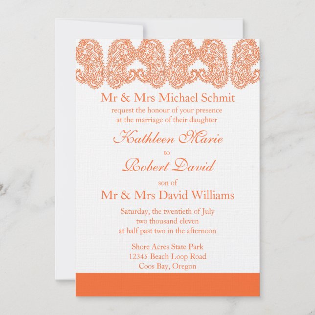 Orange Paisley Wedding Invitation (Front)