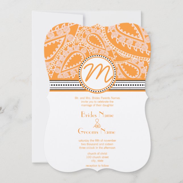Orange Paisley Wedding Invitation with Dots (Front)