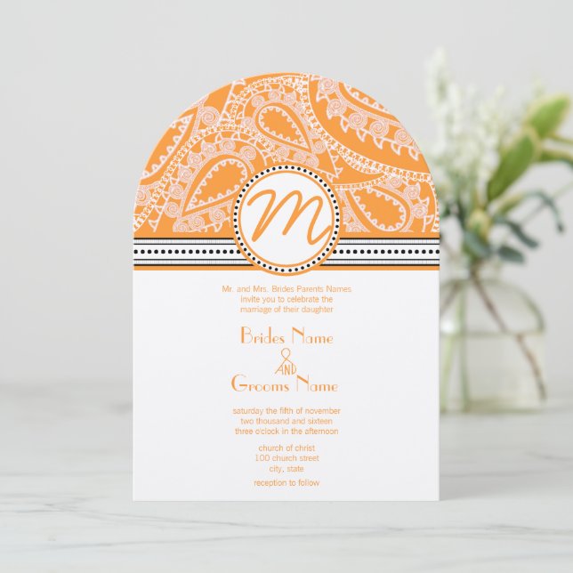 Orange Paisley Wedding Invitation with Dots (Standing Front)