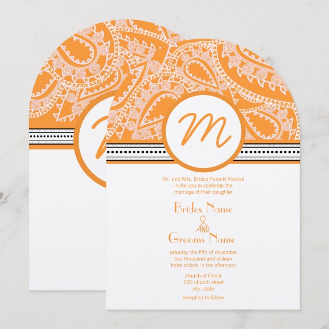 Orange Paisley Wedding Invitation with Dots (Front/Back)