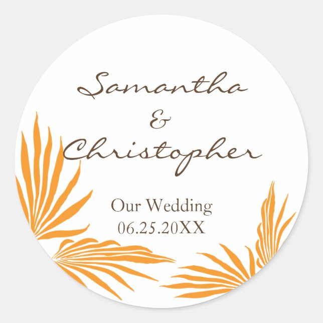Orange palm leaves tropic wedding favor seal label (Front)
