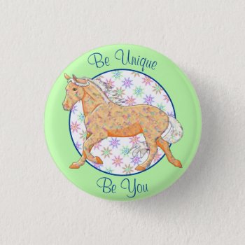 Orange Palomino Horse (pink/green) Button by Heart_Horses at Zazzle