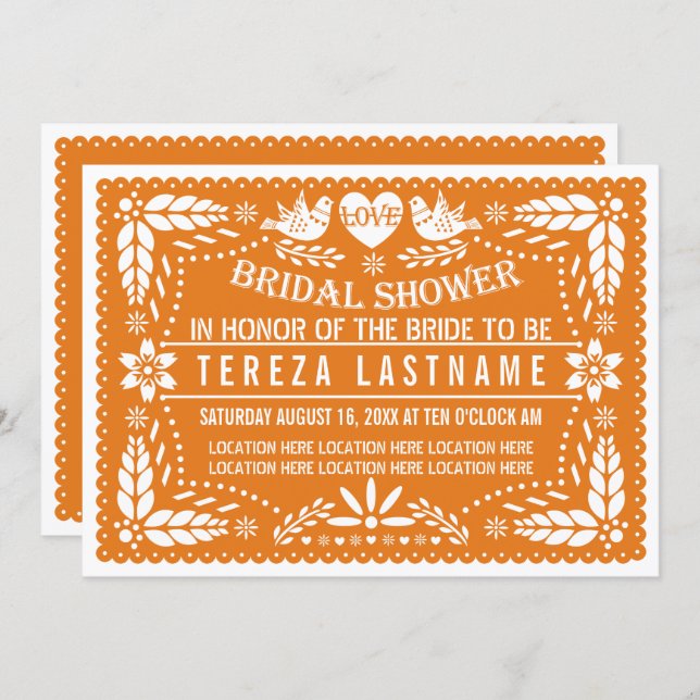 Orange papel picado birds wedding bridal shower invitation (Front/Back)