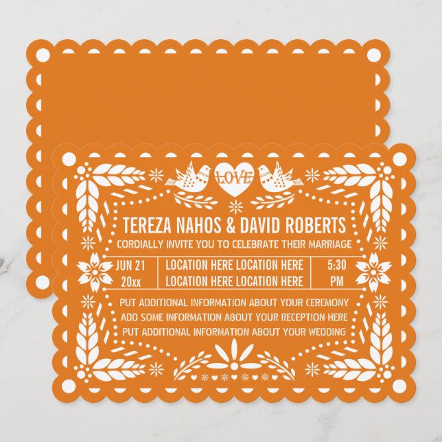 Orange papel picado love birds fiesta wedding invitation (Front/Back)