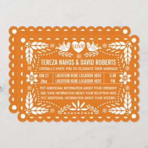 Orange papel picado love birds fiesta wedding invitation