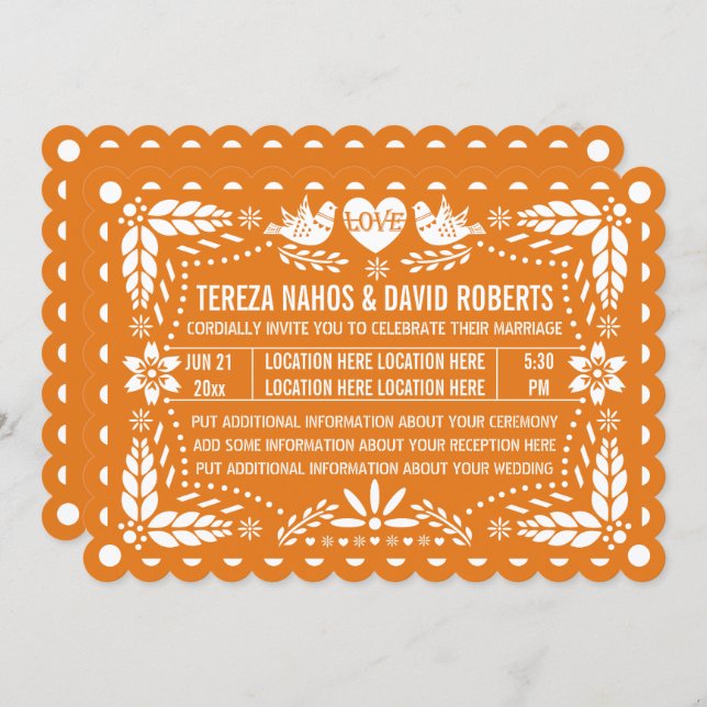 Orange papel picado love birds fiesta wedding invitation (Front/Back)