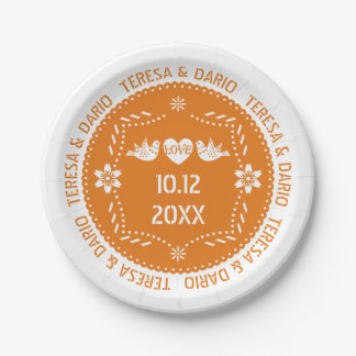 Orange papel picado love birds Mexican wedding Paper Plates