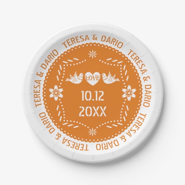 Orange papel picado love birds Mexican wedding Paper Plates (Front)
