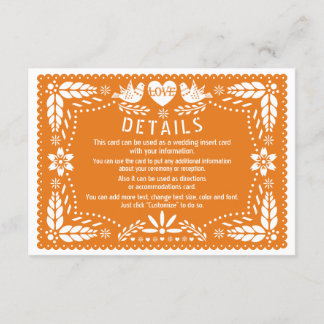 Orange papel picado love birds wedding details enclosure card