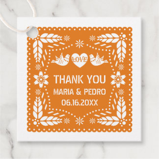 Orange papel picado love birds wedding fiesta favor tags