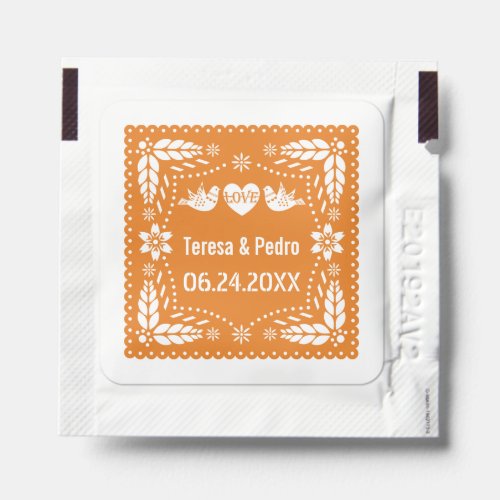 Orange papel picado love birds wedding fiesta hand sanitizer packet