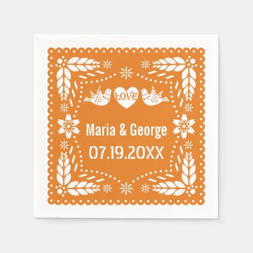 Orange papel picado love birds wedding fiesta napkins